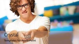  Presentation with control - Cool new presentation theme with portrait of young man with glasses changing channel with tv control indoor backdrop and a coral colored foreground