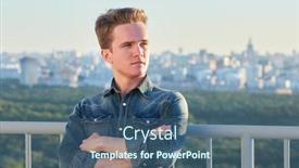  Presentation with railing - PPT layouts with portrait-of-young-man background and a ocean colored foreground