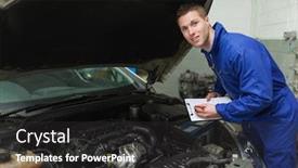  Presentation with mechanic - Presentation theme enhanced with portrait of young mechanic with clipboard by car with open hood background and a dark gray colored foreground