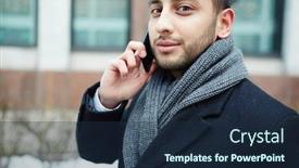  Presentation with eastern - PPT theme having portrait of young middle-eastern businessman speaking by phone against background of modern building in city background and a navy blue colored foreground