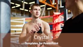  Presentation with boxing fight - Colorful PPT theme enhanced with portrait of young muscular sports man wrapping his hands with protective band while talking to his partner during boxing practice in fight club ready to hit punching bag backdrop and a red colored foreground