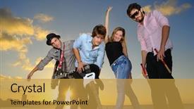  Presentation with wind musical instrumens - Beautiful slides featuring portrait of young musical band backdrop and a gold colored foreground