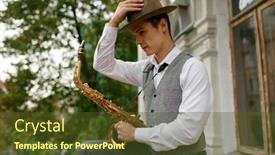  Presentation with musical instrument - Slide set enhanced with portrait-of-young-musician-holding background and a tawny brown colored foreground