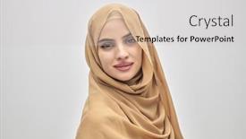  Presentation with muslim feminism - PPT theme consisting of portrait-of-young-muslim-woman background and a light gray colored foreground