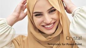  Presentation with woman muslim - PPT theme having portrait-of-young-muslim-woman background and a coral colored foreground