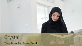  Presentation with woman muslim - PPT theme enhanced with portrait-of-young-muslim-woman background and a mint green colored foreground