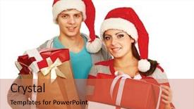  Presentation with white christmas - PPT theme with portrait of young pretty couple holding big red box - christmas gift and looking at camera isolated on white background background and a coral colored foreground