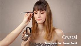  Presentation with beautician - Beautiful slides featuring portrait of young pretty woman at beautician and hairdresser backdrop and a coral colored foreground