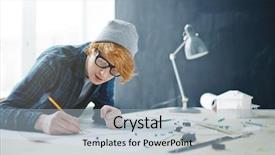  Presentation with floor plan - PPT theme having portrait of young red haired designer wearing glasses and beanie hat working in office leaning on desk with lamp and house model drawing floor plan background and a light blue colored foreground