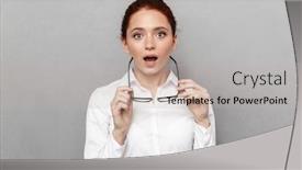  Presentation with formal - Audience pleasing presentation theme consisting of portrait of young redhead businesswoman 20s in formal wear holding eyeglasses and smiling at camera in office isolated over gray background backdrop and a light gray colored foreground