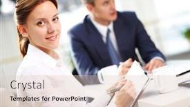  Presentation with secretary - Theme having portrait of young secretary making notes and looking at camera background and a lemonade colored foreground