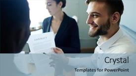  Presentation with meeting table - Colorful presentation enhanced with portrait-of-young-smiling-businessman backdrop and a light blue colored foreground