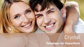  Presentation with young happy couple - Cool new slides with portrait of young smiling happy beautiful couple on nature backdrop and a coral colored foreground