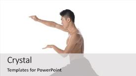  Presentation with exercises - PPT theme enhanced with portrait of young smiling man athlete doing warming exercises isolated on white background concept of sport health keeping fit background and a light gray colored foreground