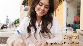  Presentation with milkshake - PPT theme with portrait-of-young-smiling-woman background and a coral colored foreground