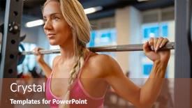  Presentation with barbell - Cool new presentation with portrait of young sporty blonde standing with barbell on shoulders in gym backdrop and a tawny brown colored foreground