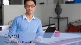  Presentation with successful - Slide deck featuring one team one dream - portrait of young successful businessman background and a light blue colored foreground