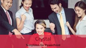  Presentation with business report - Slide set featuring portrait of young successful businesspeople clenching their fist looking at business report background and a red colored foreground