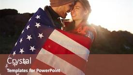  Presentation with wrapped flag - Audience pleasing slide set consisting of portrait of young tourist couple standing close together in mountains embracing tenderly wrapped in american flag at sunset backdrop and a red colored foreground