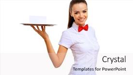  Presentation with waitress - PPT theme enhanced with portrait of young waitress background and a sky blue colored foreground