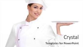  Presentation with chef - Cool new slide deck with portrait of young woman chef with tray isolated on white backdrop and a white colored foreground
