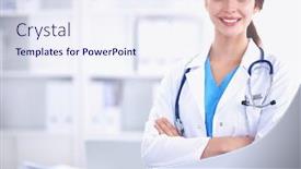  Presentation with hospital - PPT theme featuring portrait-of-young-woman-doctor background and a sky blue colored foreground