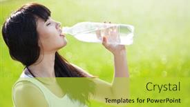  Presentation with water park - Slide set featuring portrait of young woman drinking water at green park background and a yellow colored foreground