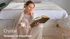  Presentation with cup coffee - Presentation theme having portrait-of-young-woman-enjoying background and a coral colored foreground