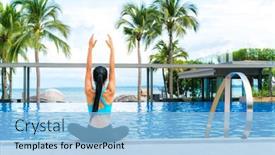  Presentation with luxury travel - PPT layouts with portrait of young woman fitness yoga perfect tanned body healthy skin at luxury swimming pool travel and vacation freedom concept outdoor shot background and a light blue colored foreground