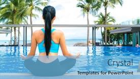  Presentation with luxury travel - Beautiful theme featuring portrait of young woman fitness yoga perfect tanned body healthy skin at luxury swimming pool travel and vacation freedom concept outdoor shot backdrop and a light blue colored foreground