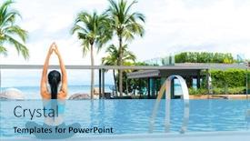  Presentation with luxury travel - Cool new PPT theme with portrait of young woman fitness yoga perfect tanned body healthy skin at luxury swimming pool travel and vacation freedom concept outdoor shot backdrop and a light blue colored foreground