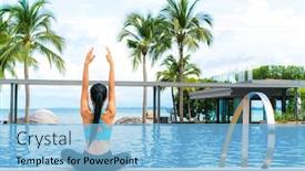  Presentation with luxury travel - Presentation featuring portrait of young woman fitness yoga perfect tanned body healthy skin at luxury swimming pool travel and vacation freedom concept outdoor shot background and a light blue colored foreground
