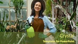  Presentation with sprayer - Slide deck having portrait-of-young-woman-gardener background and a tawny brown colored foreground