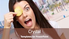  Presentation with chip - Presentation featuring portrait of young woman holding potato chip in front of her eye against a coastline background and a tawny brown colored foreground