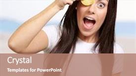  Presentation with chip - Audience pleasing PPT layouts consisting of portrait of young woman holding potato chip in front of her eye against a coastline backdrop and a coral colored foreground