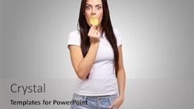  Presentation with chip - Theme having portrait of young woman holding potato chip on her mouth over grey background and a light gray colored foreground