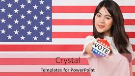  Presentation with vote - Presentation theme with portrait-of-young-woman-holding background and a coral colored foreground