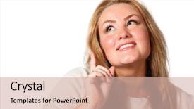  Presentation with upwards - PPT layouts consisting of portrait of young woman looking upwards on a white background background and a soft green colored foreground