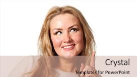  Presentation with upwards - Cool new slides with portrait of young woman looking upwards on a white background backdrop and a coral colored foreground