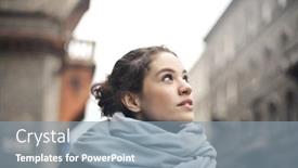  Presentation with woman hands raised to sky - PPT theme enhanced with portrait-of-young-woman-looking background and a mint green colored foreground