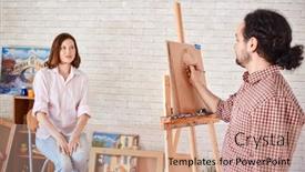  Presentation with sketching - Audience pleasing PPT theme consisting of portrait of young woman posing in art studio for artist sketching her portrait in pencil backdrop and a coral colored foreground