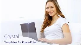  Presentation with notebook - Presentation theme consisting of portrait-of-young-woman-sitting background and a sky blue colored foreground