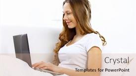  Presentation with notebook - Slide set consisting of portrait-of-young-woman-sitting background and a  colored foreground