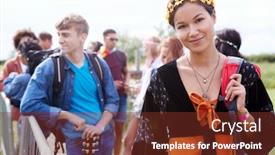  Presentation with music festival - Slide set having portrait of young woman waiting behind barrier at entrance to music festival site background and a tawny brown colored foreground