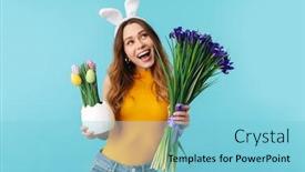  Presentation with toy - Colorful slides enhanced with portrait-of-young-woman-wearing backdrop and a light blue colored foreground