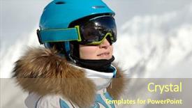  Presentation with ski - Theme featuring portrait of young woman in ski suit helmet and sunglasses mountains and skilift supports reflected in sunglasses background and a tawny brown colored foreground