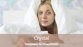  Presentation with quilt - Cool new PPT layouts with portrait of young woman with coffee mug and medicines suffering from fever while covered in quilt on bed backdrop and a coral colored foreground