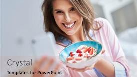  Presentation with eating - Slide deck having portrait-of-young-woman background and a coral colored foreground