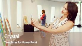  Presentation with gallery - PPT theme consisting of portrait of young woman in gallery background and a coral colored foreground