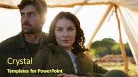  Presentation with tent - Theme featuring portrait of young woman with man relaxing in tent background and a tawny brown colored foreground